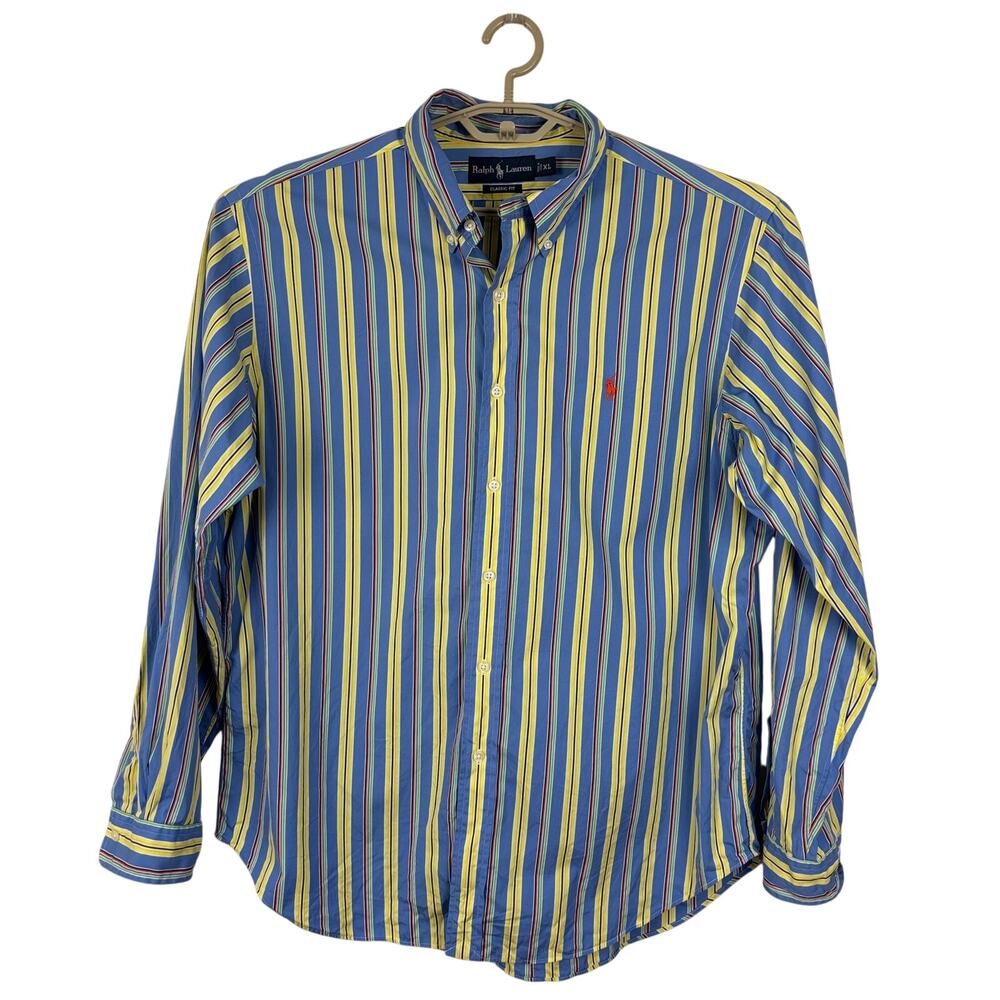 Ralph Lauren Classic Fit Button Down Shirt XL Cotton Blue Yellow Stripe Red pony